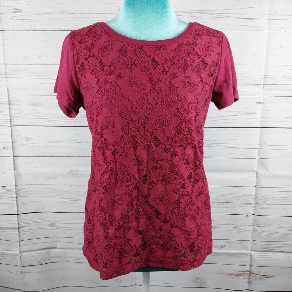 Loft Women's Size XSP Dark Pink Top Floral Lace Layer Short Sleeve Blouse